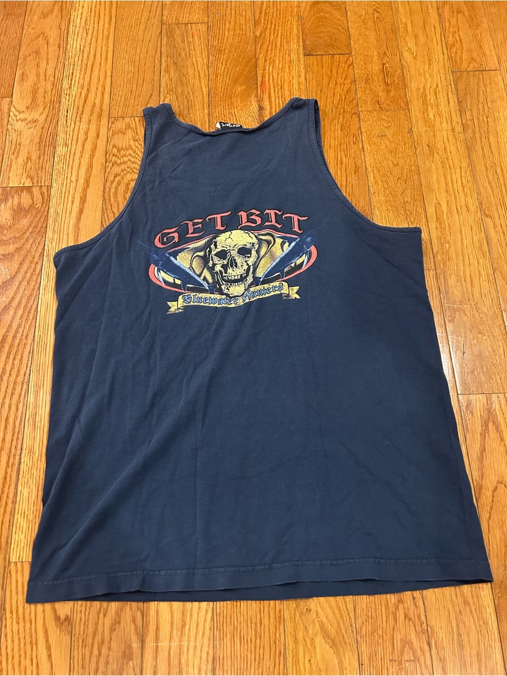 Get Bit Bluewater Hunters Tank Top Large Navy Blue Skull Marlin Shark USA Made - Picture 6 of 9